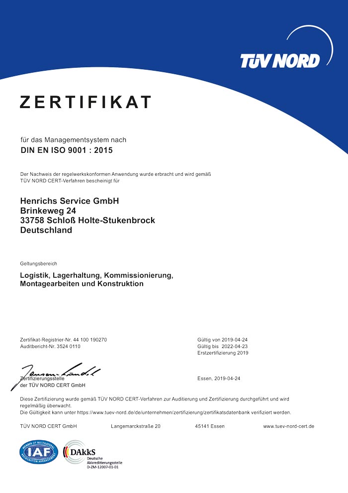 Henrichs Service GmbH ist TÜV zertifiziert